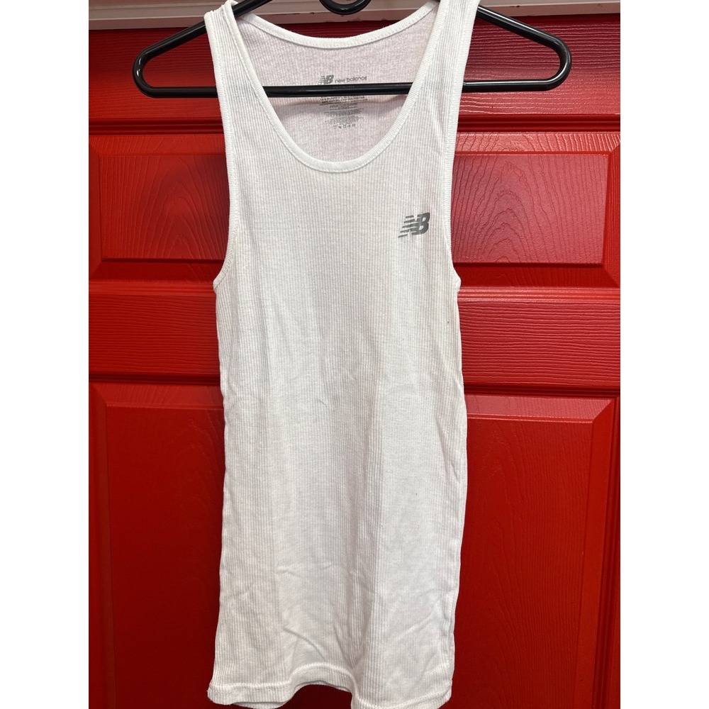 New Balance Mens Ribbed Tank Top White Small Athletic Undershirt Logo Scoop Neck